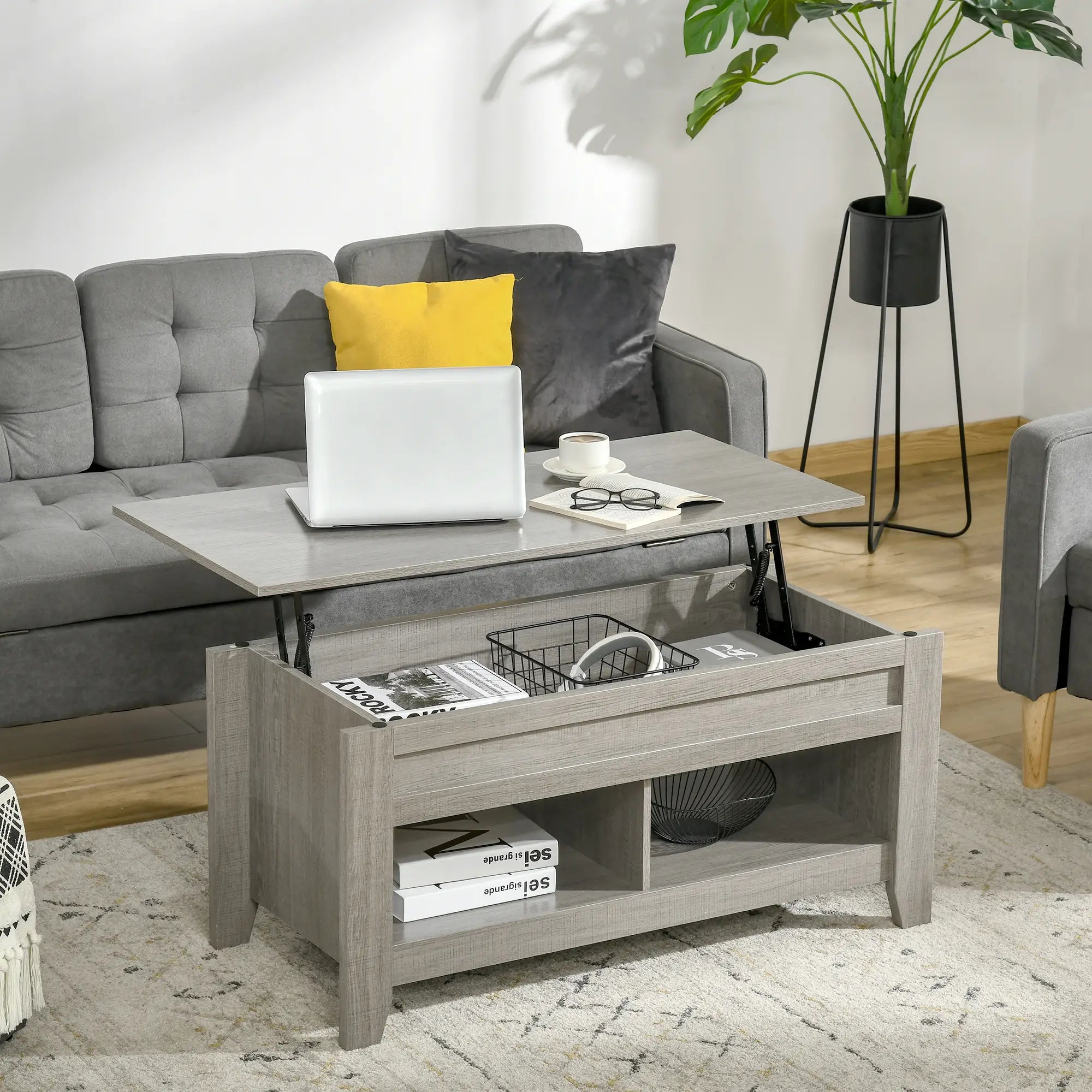 Lift Top Coffee Table, Hidden Storage, Open Shelves, Light Grey Coffee Tables at Gallery Canada