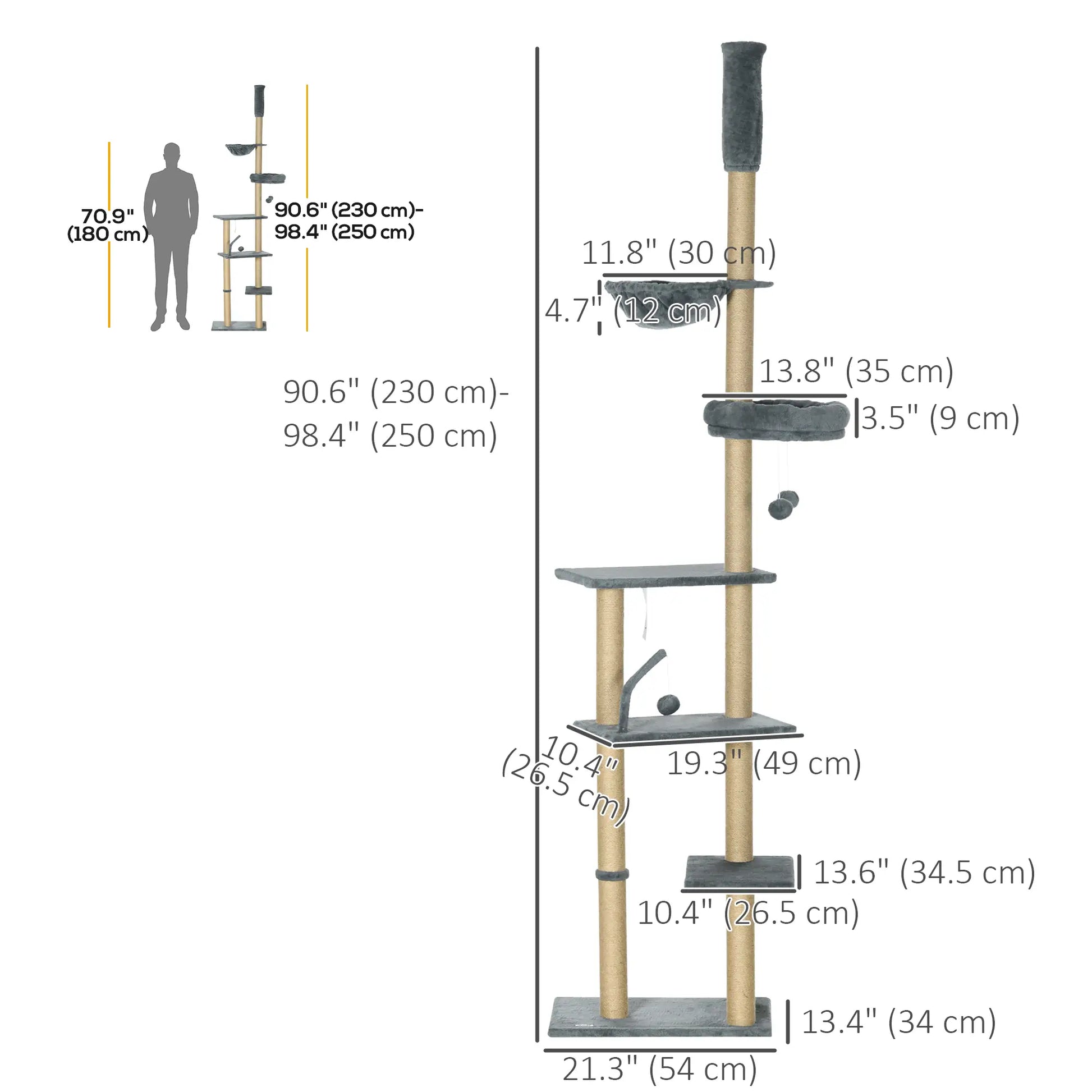 90.5" - 98.5" Cat Tree Tower, Scratching Post, Platforms, Bed, Hammock, Grey Floor to Ceiling Cat Trees at Gallery Canada