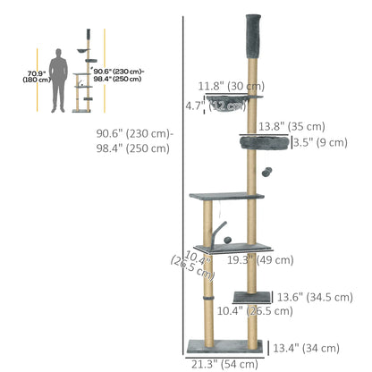 90.5" - 98.5" Cat Tree Tower, Scratching Post, Platforms, Bed, Hammock, Grey Floor to Ceiling Cat Trees at Gallery Canada