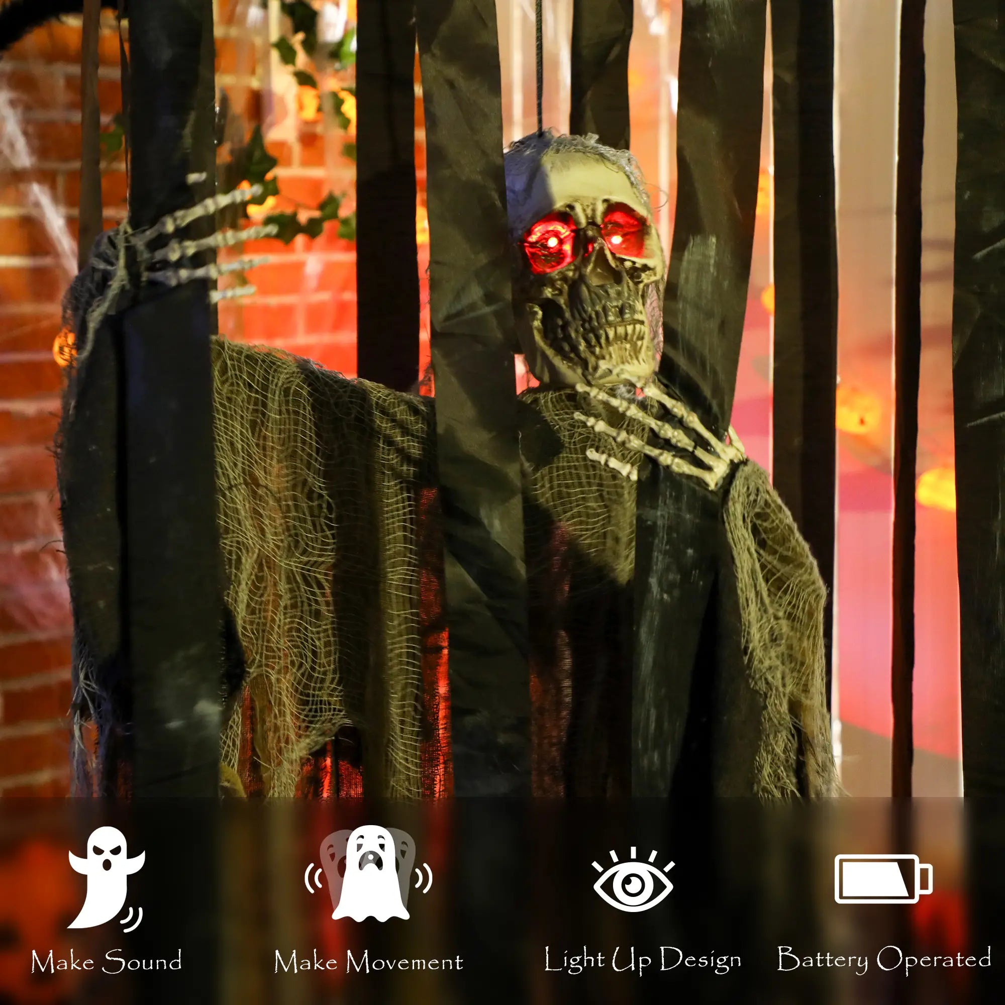 Animatronics Hanging Skeleton Reaper in Cage, Voice-Activated, Flashing Eyes Halloween Decorations at Gallery Canada