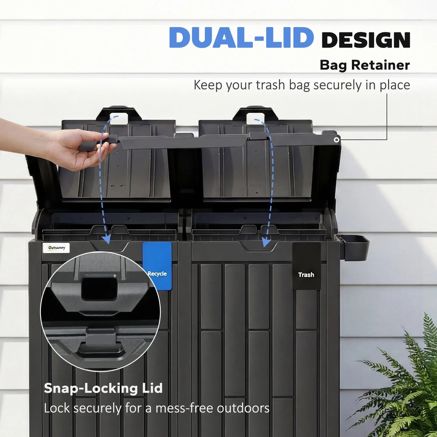 58 Gallon Double Outdoor Garbage Bin, Dual Lid, Plastic Waste Trash Can, Black Garden Accessories at Gallery Canada
