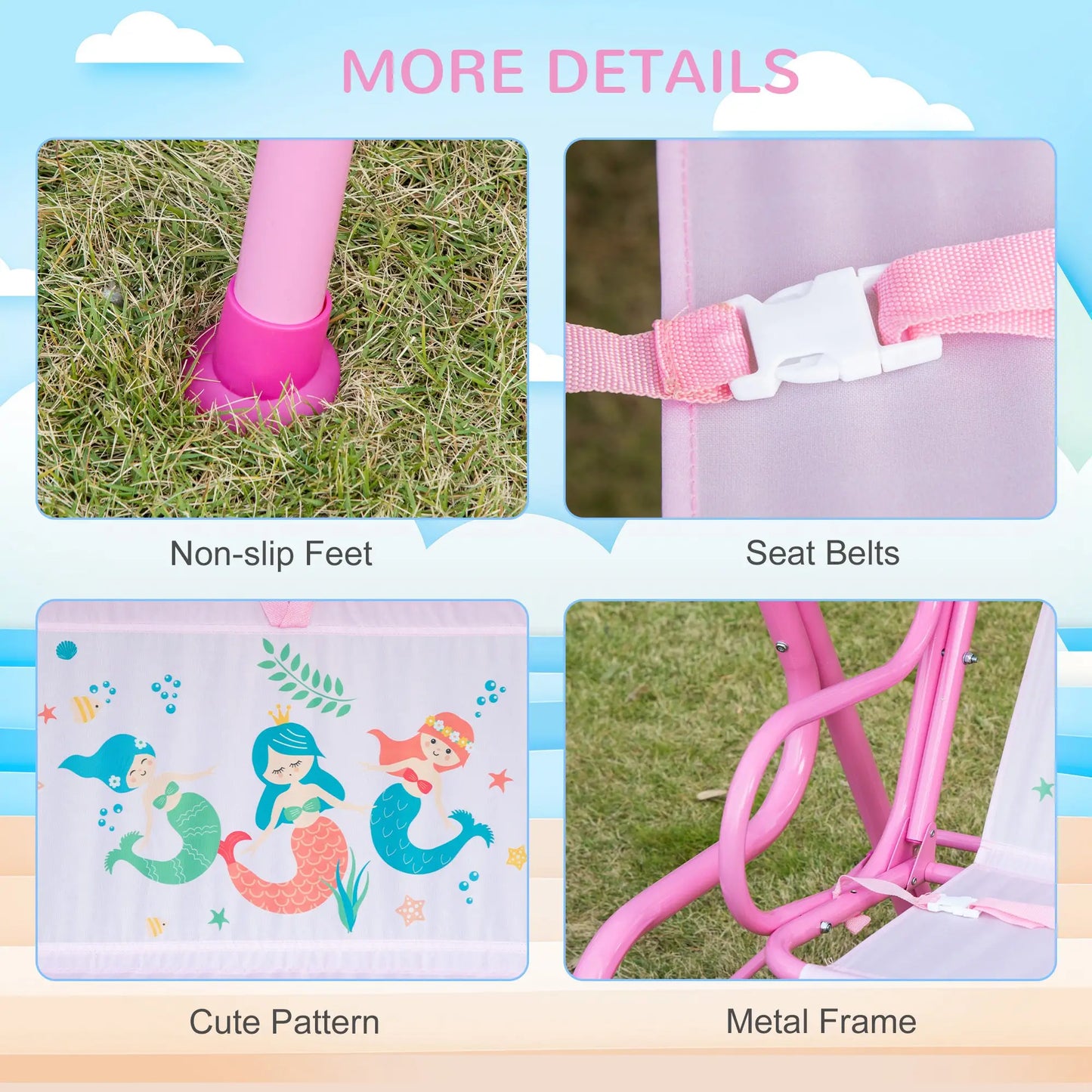 2-Seat Kids Porch Swing, Outdoor Chair with Canopy, Seat Belt, Mermaid, Pink Gym Sets & Swings at Gallery Canada