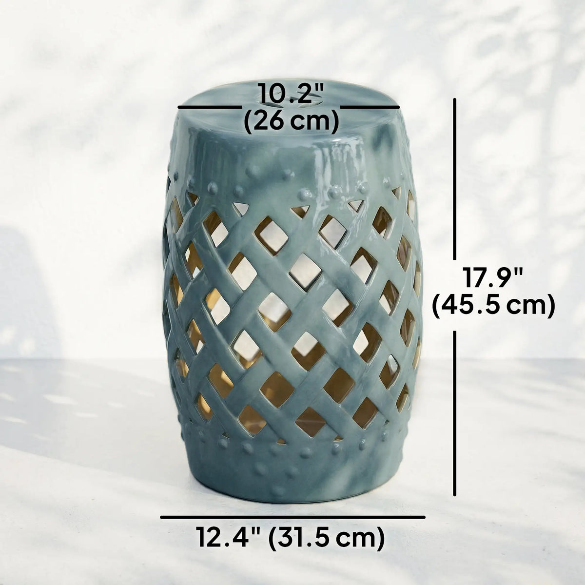 18" Ceramic Garden Stool, Woven Lattice Design, Indoor Outdoor, Blue Patio Chairs at Gallery Canada