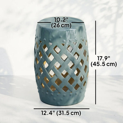18" Ceramic Garden Stool, Woven Lattice Design, Indoor Outdoor, Blue Patio Chairs at Gallery Canada