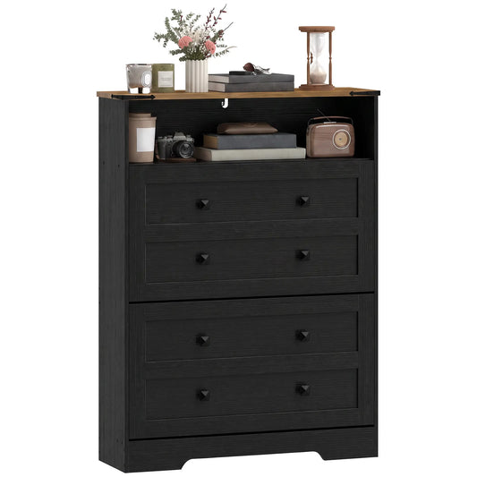 Armoire à chaussures avec 2 tiroirs rabattables, étroite, noire