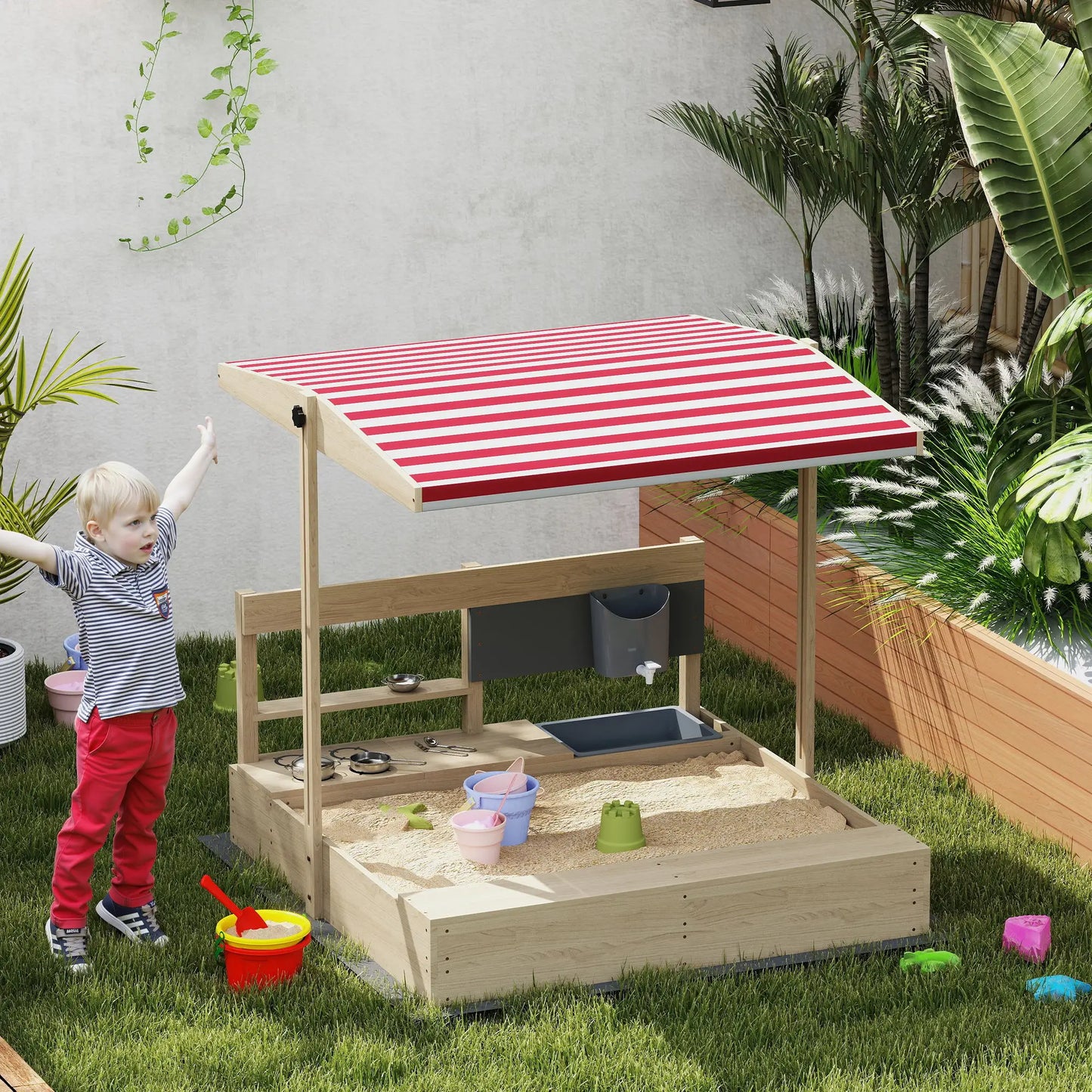 Kids Sandbox with Cover, Wooden Sand Box with Seat, Storage, 3-7 Years, Natural Wood Sandboxes & Accessories at Gallery Canada