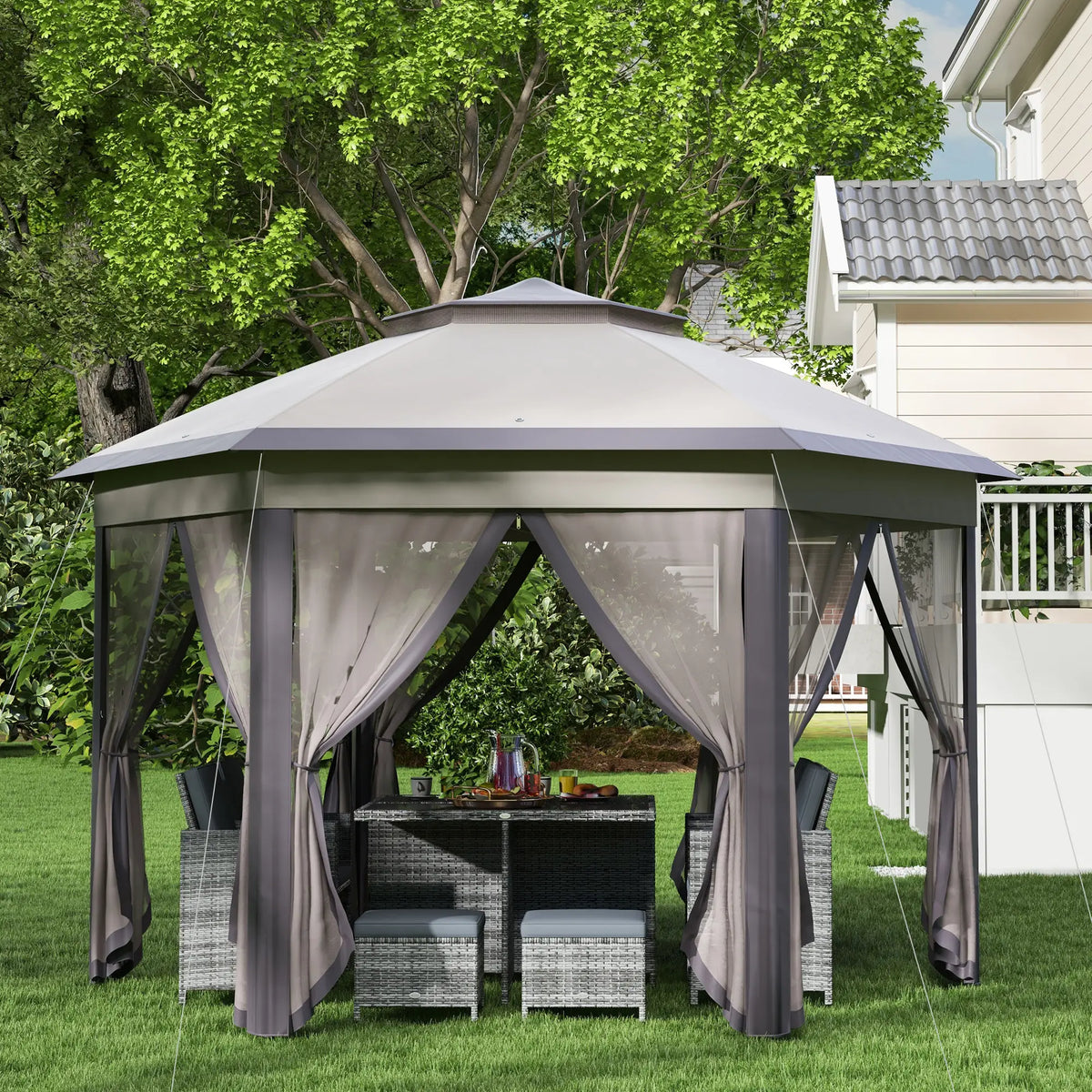 13' x 13' Pop Up Canopy Tent, Netting, Carry Bag, Coffee Beige