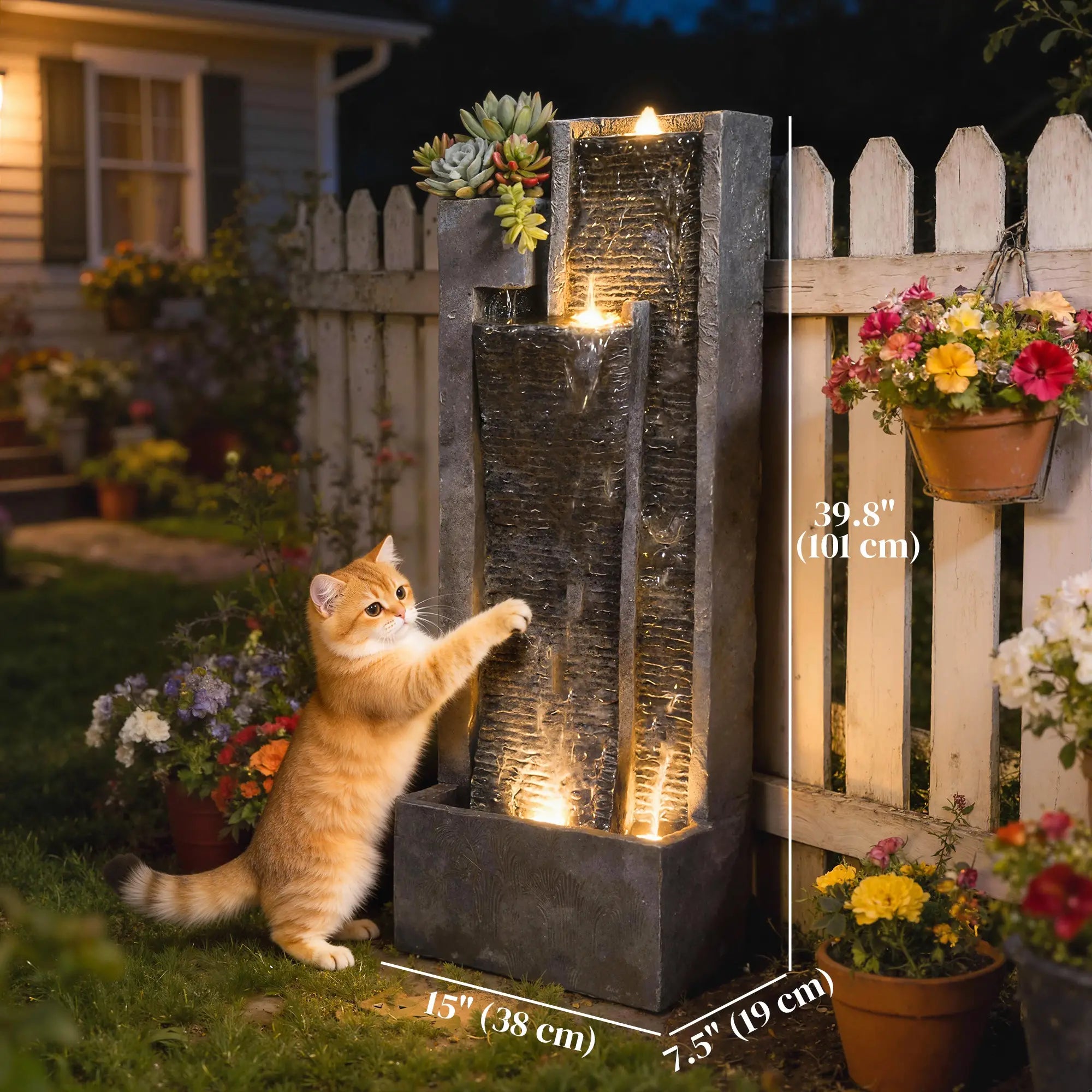 3-Tier Outdoor Water Fountain With LED Lights, Planter, Pump, Dark Grey Water Fountains at Gallery Canada