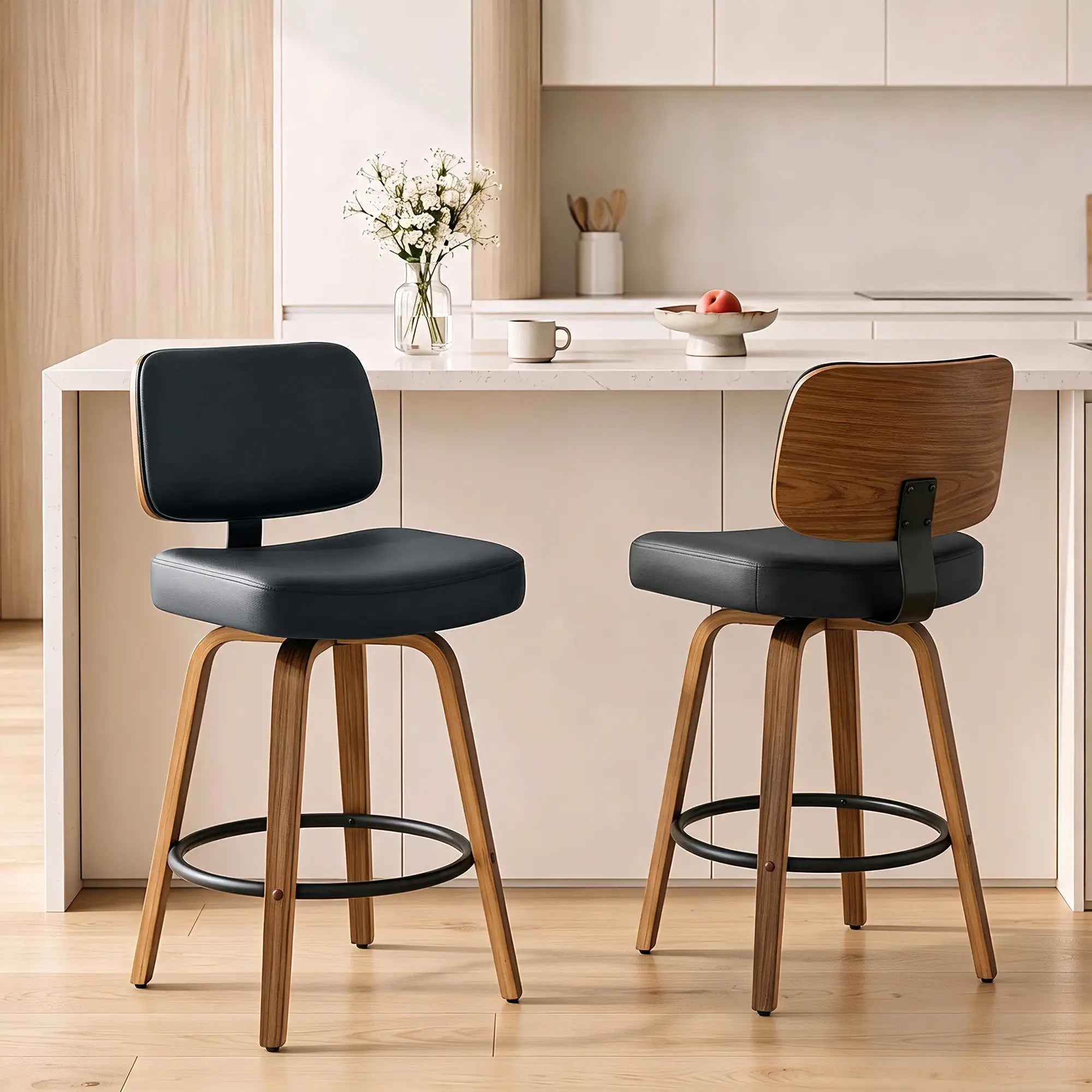 Swivel Bar Stools Set of 2, PU Leather, Black Bar Stools at Gallery Canada