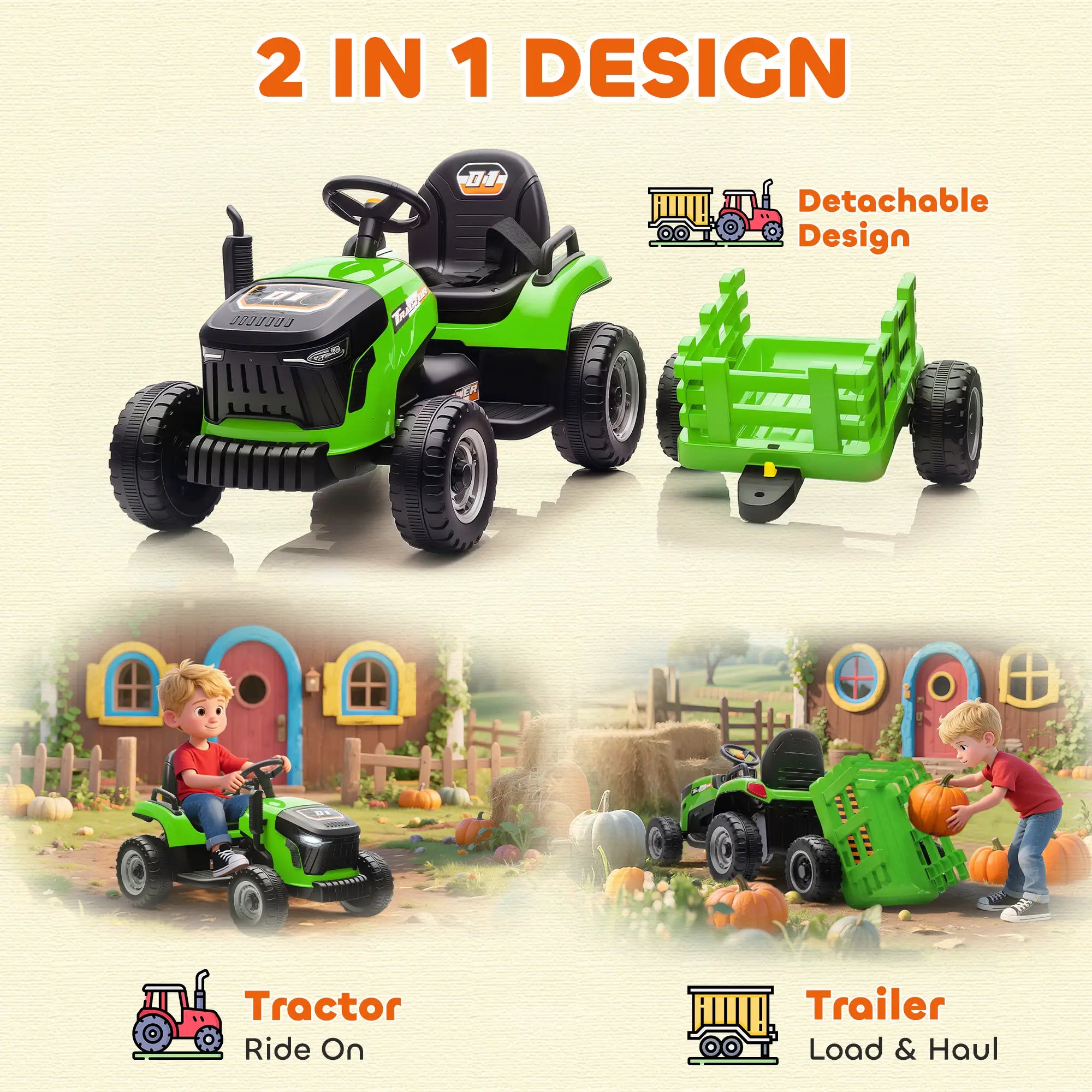 12V Kids Ride On Tractor with Trailer, Remote Control, Green Toy Excavators at Gallery Canada