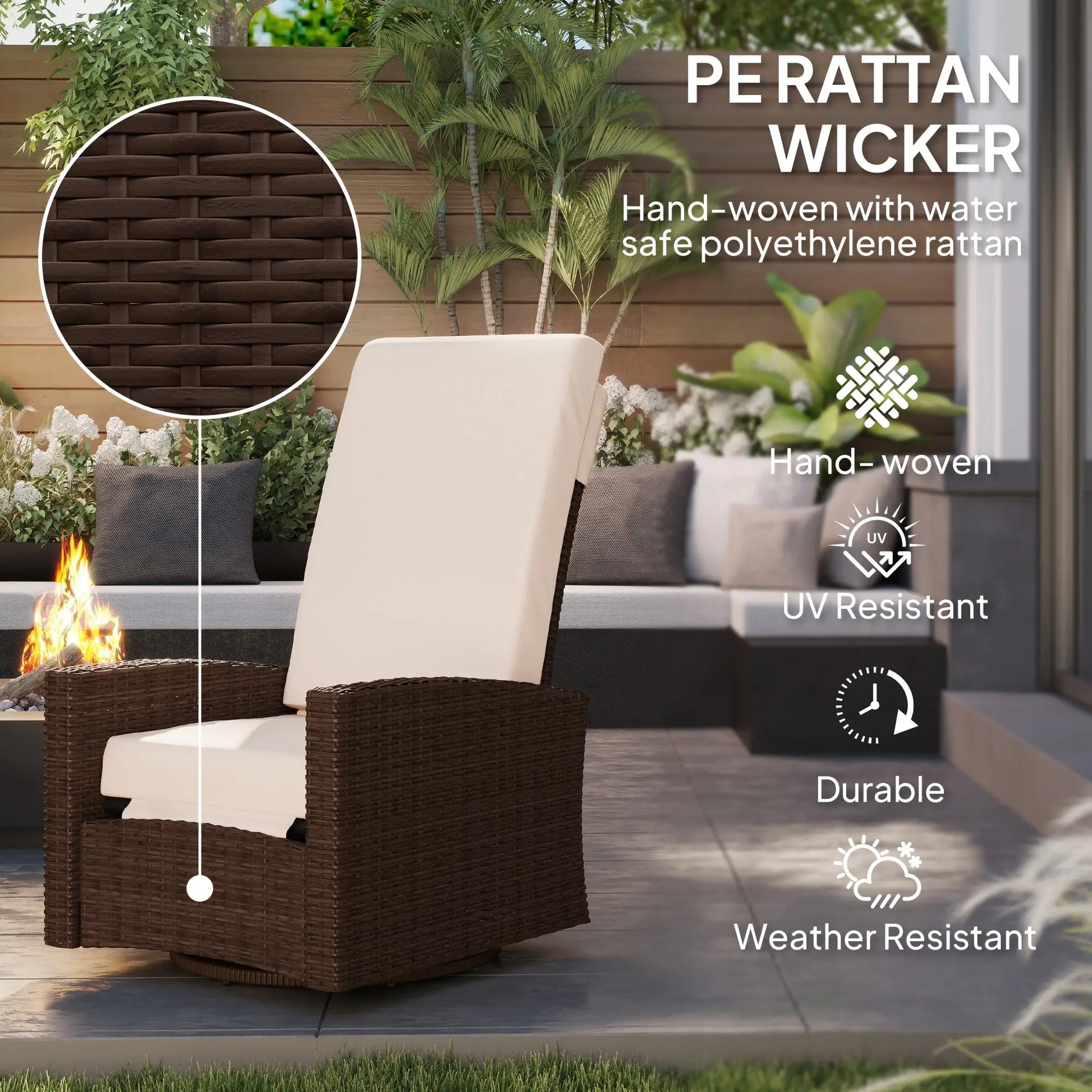Outdoor Rattan Lounge Chair with Footrest, Soft Cushion, Cream White Patio Chairs at Gallery Canada