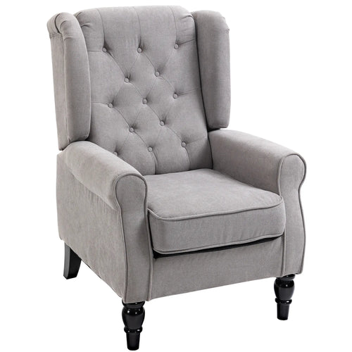 Fabric Accent Chair, Button Tufted Armchair, Modern Living Room, Wood Legs, Grey
