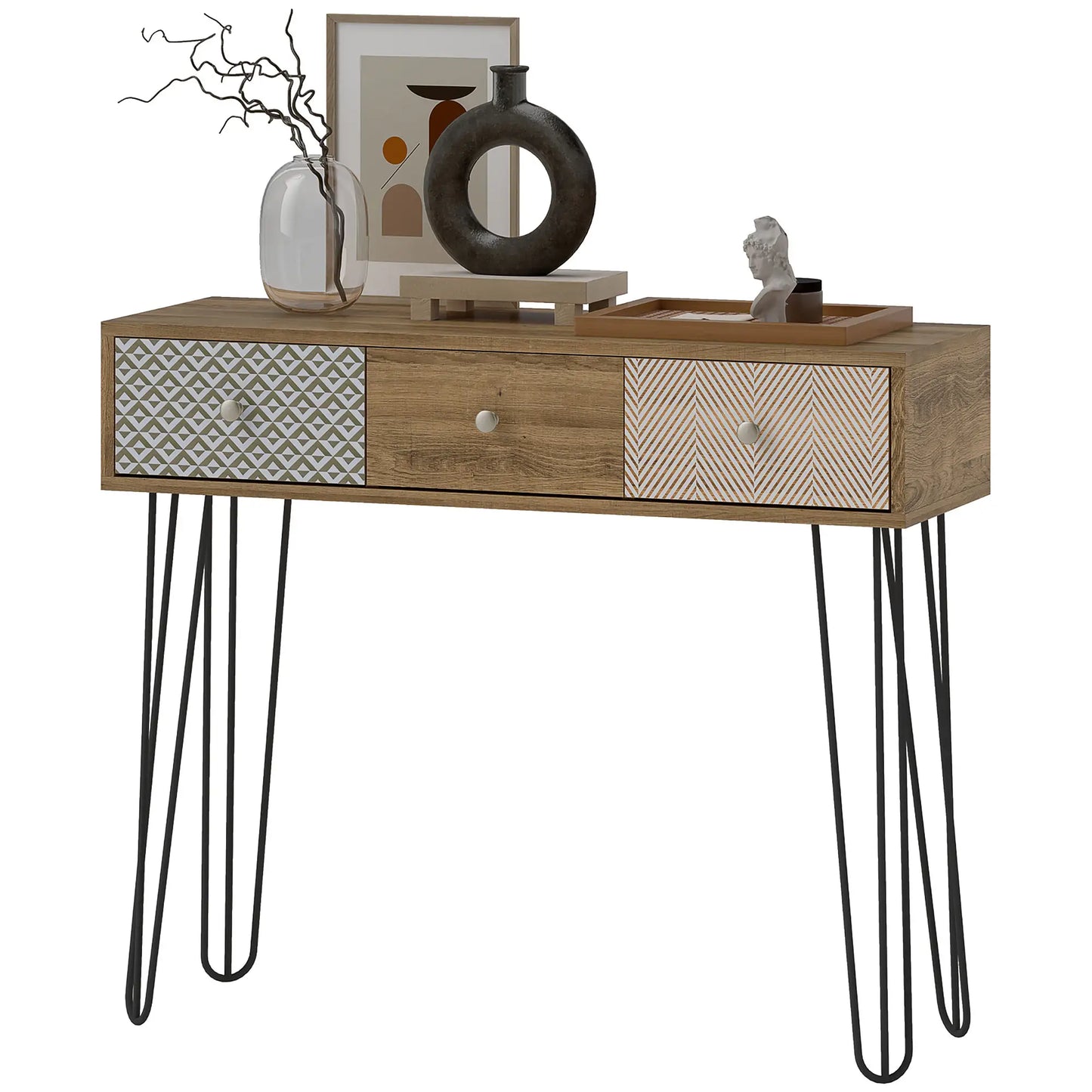 Narrow Console Table with Drawers, 35", Hairpin Legs, Brown Console Tables Brown with Wood Grain Effect at Gallery Canada
