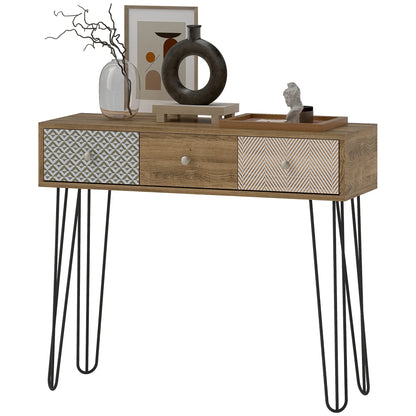 Narrow Console Table with Drawers, 35", Hairpin Legs, Brown Console Tables Brown with Wood Grain Effect at Gallery Canada