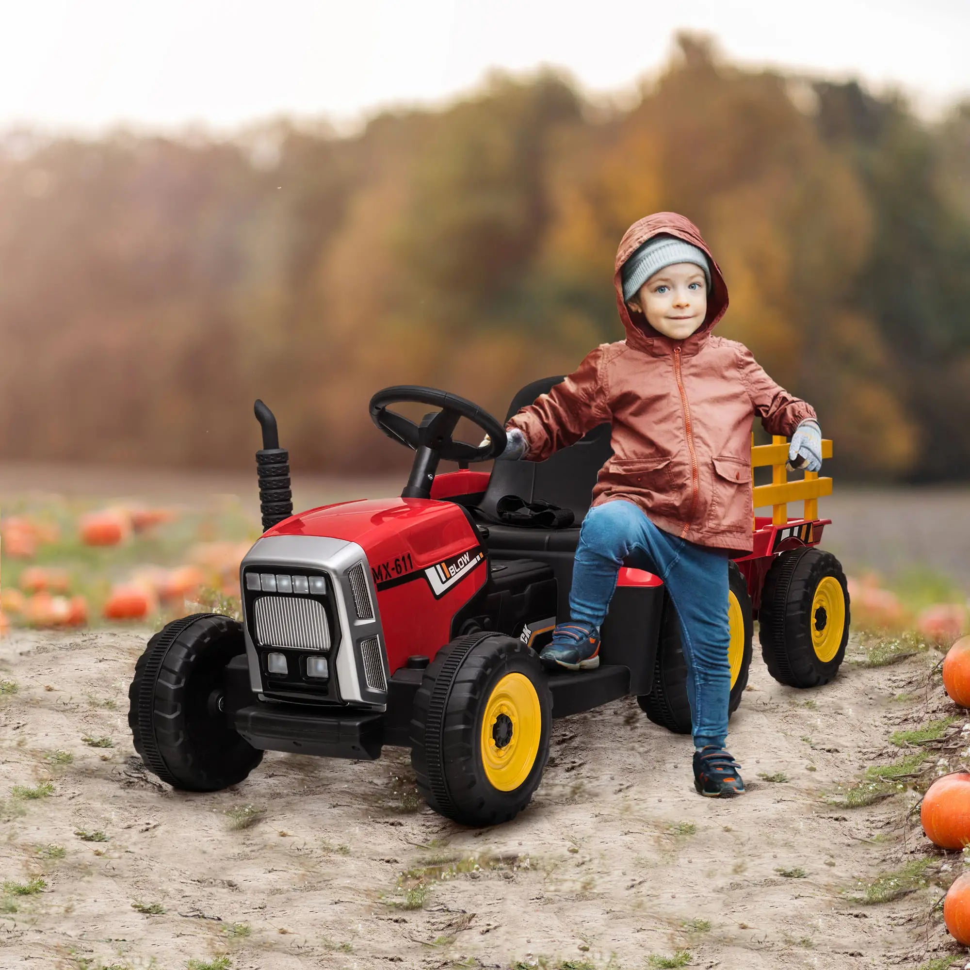 12V Kids Ride on Tractor with Trailer, Remote Control, Music, Horn, USB, LED Lights, Red Electric Toy Cars at Gallery Canada