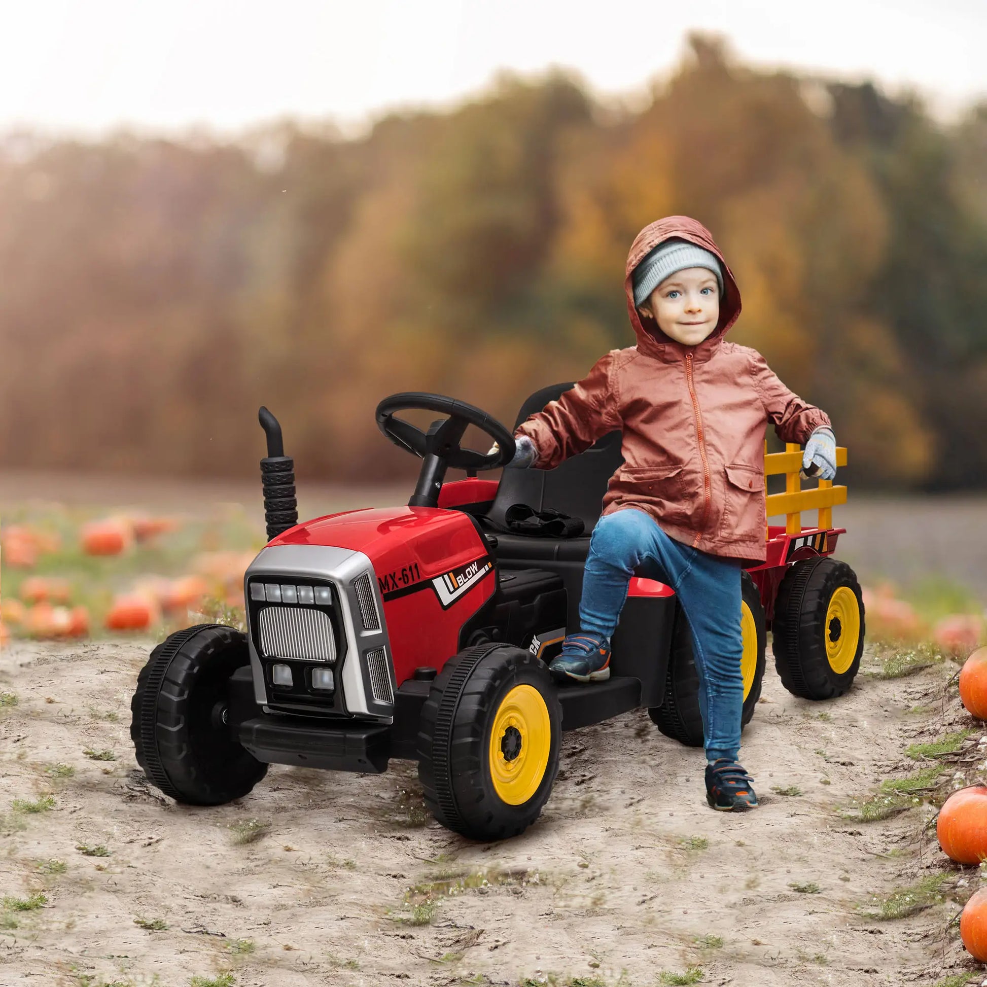 12V Kids Ride on Tractor with Trailer, Remote Control, Music, Horn, USB, LED Lights, Red Electric Toy Cars at Gallery Canada