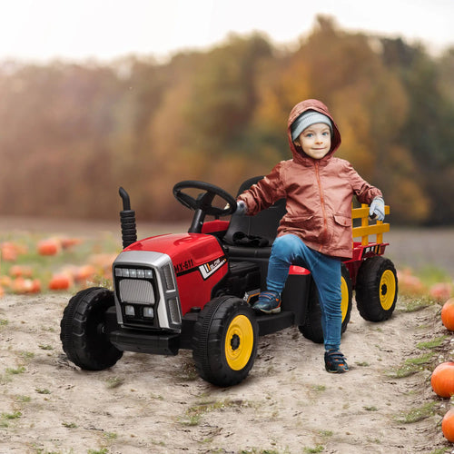 12V Kids Ride on Tractor with Trailer, Remote Control, Music, Horn, USB, LED Lights, Red