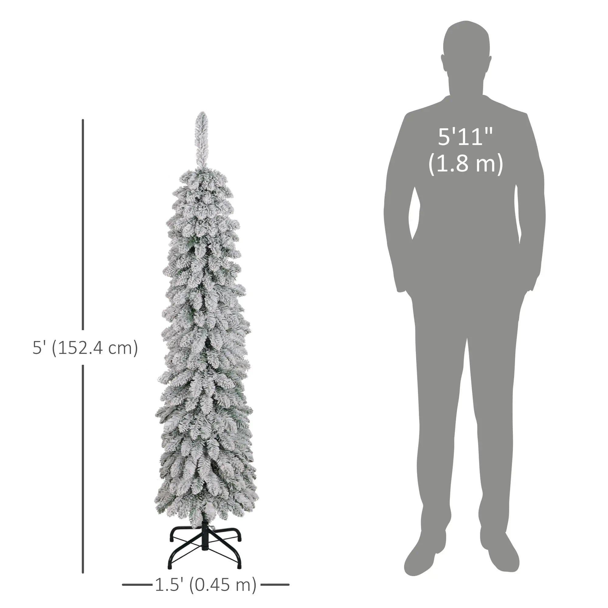 5ft Snow-Flocked Artificial Christmas Tree, Slim Pencil, 301 Branches, Metal Base, Green Pencil Christmas Trees at Gallery Canada