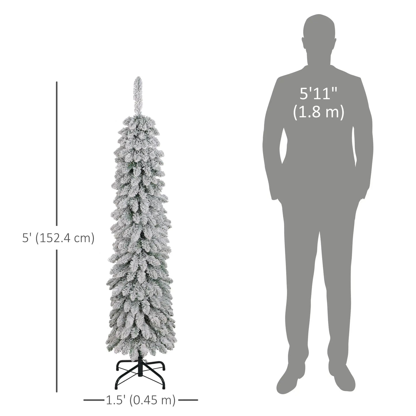 5ft Snow-Flocked Artificial Christmas Tree, Slim Pencil, 301 Branches, Metal Base, Green Pencil Christmas Trees at Gallery Canada