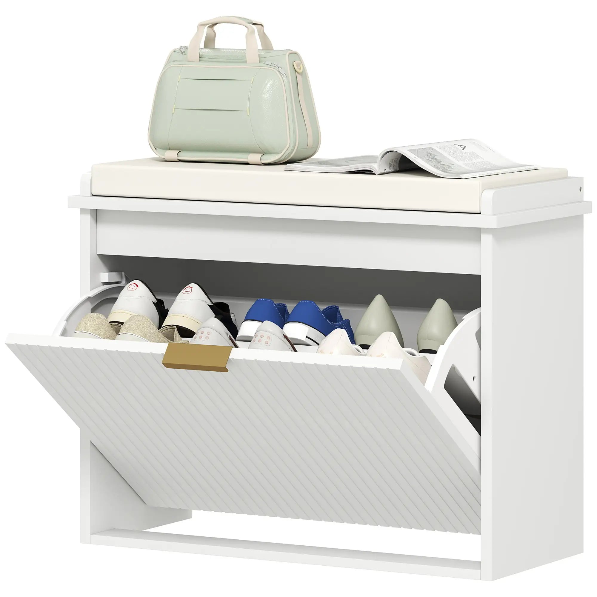 Entryway Bench with Padded Seat, Flip-Drawers, Holds 265lbs, Shoe Storage for 6 Pairs, White Shoe Storage Cabinets & Racks White, Beige at Gallery Canada