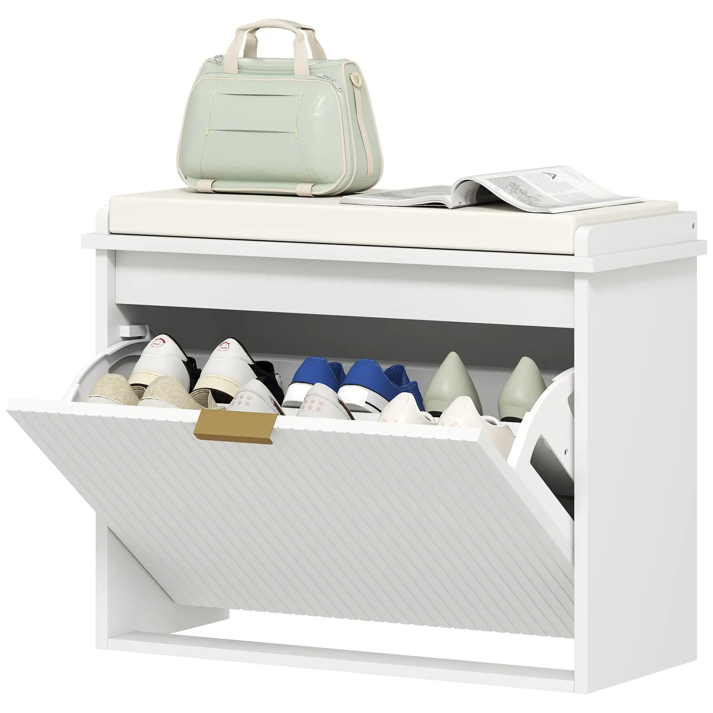 Entryway Bench with Padded Seat, Flip-Drawers, Holds 265lbs, Shoe Storage for 6 Pairs, White Shoe Storage Cabinets & Racks White, Beige at Gallery Canada