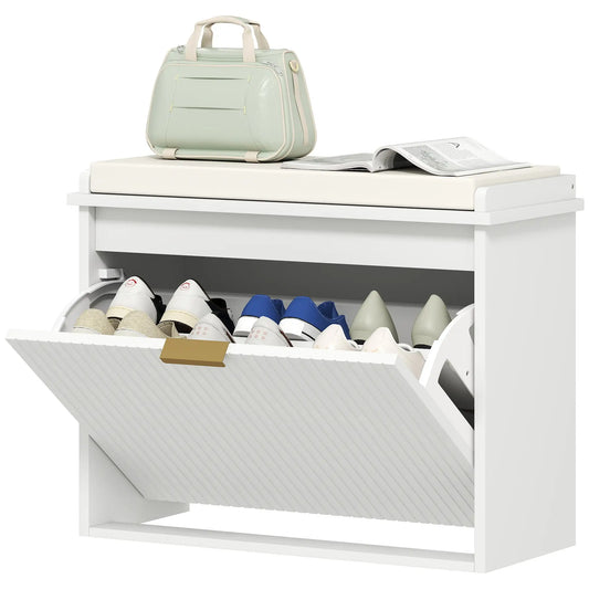 Entryway Bench with Padded Seat, Flip-Drawers, Holds 265lbs, Shoe Storage for 6 Pairs, White Shoe Storage Cabinets & Racks White, Beige at Gallery Canada