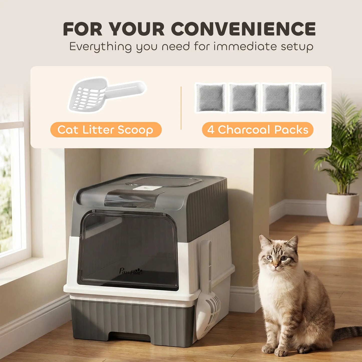 Enclosed Cat Litter Box with Drawer, Scoop, Grey