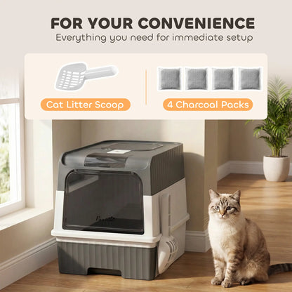 Enclosed Cat Litter Box with Drawer, Scoop, Grey