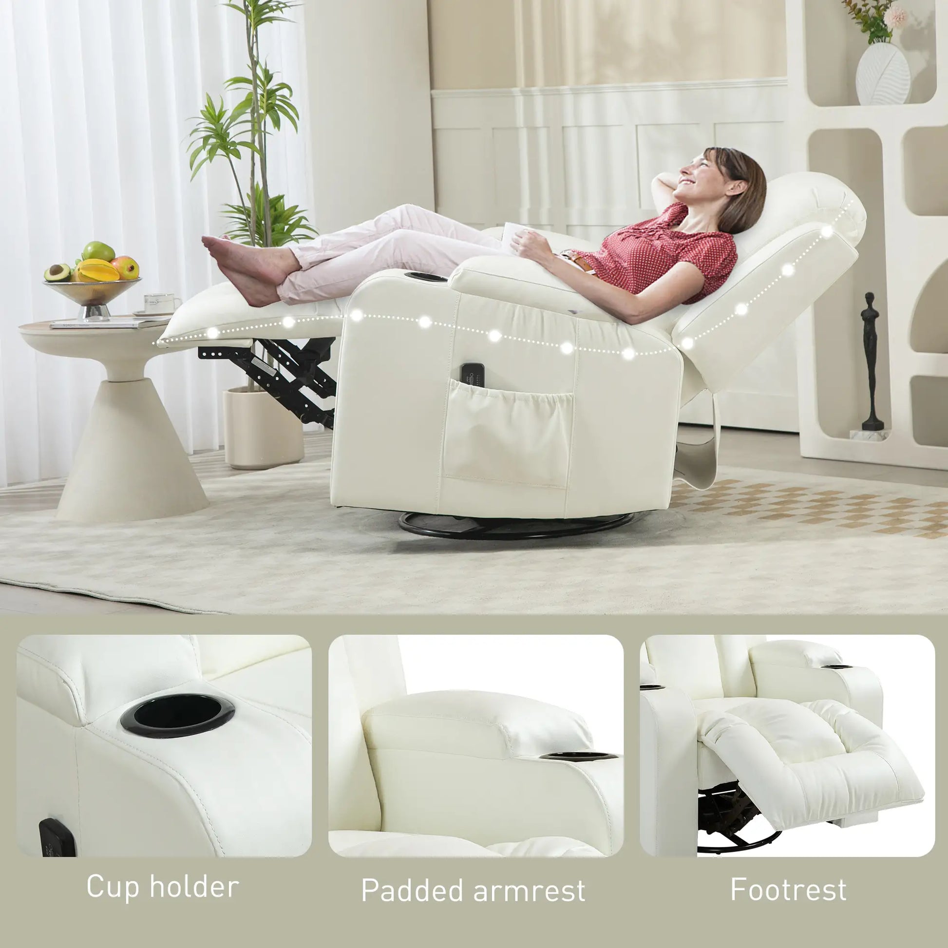 Swivel Massage Recliner Chair, Manual Rocker, PU Leather, Cream White Single Sofas at Gallery Canada