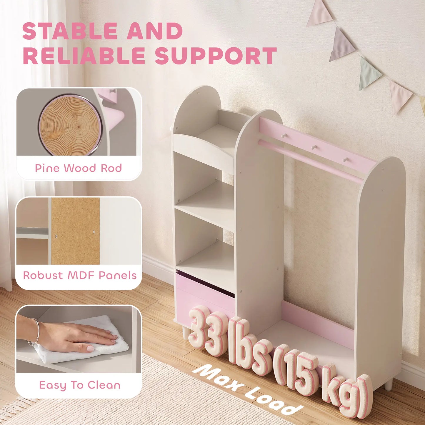 Portant à vêtements pour enfants avec miroir, tiroir et étagères, rose