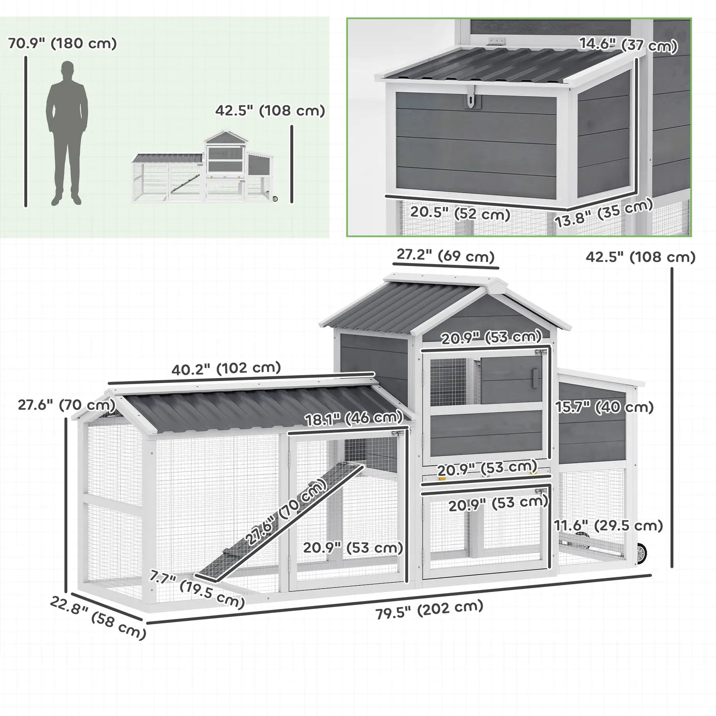 Mobile Chicken Coop With Wheels, 80" L, Wooden Hen House With Run Chicken Coops at Gallery Canada