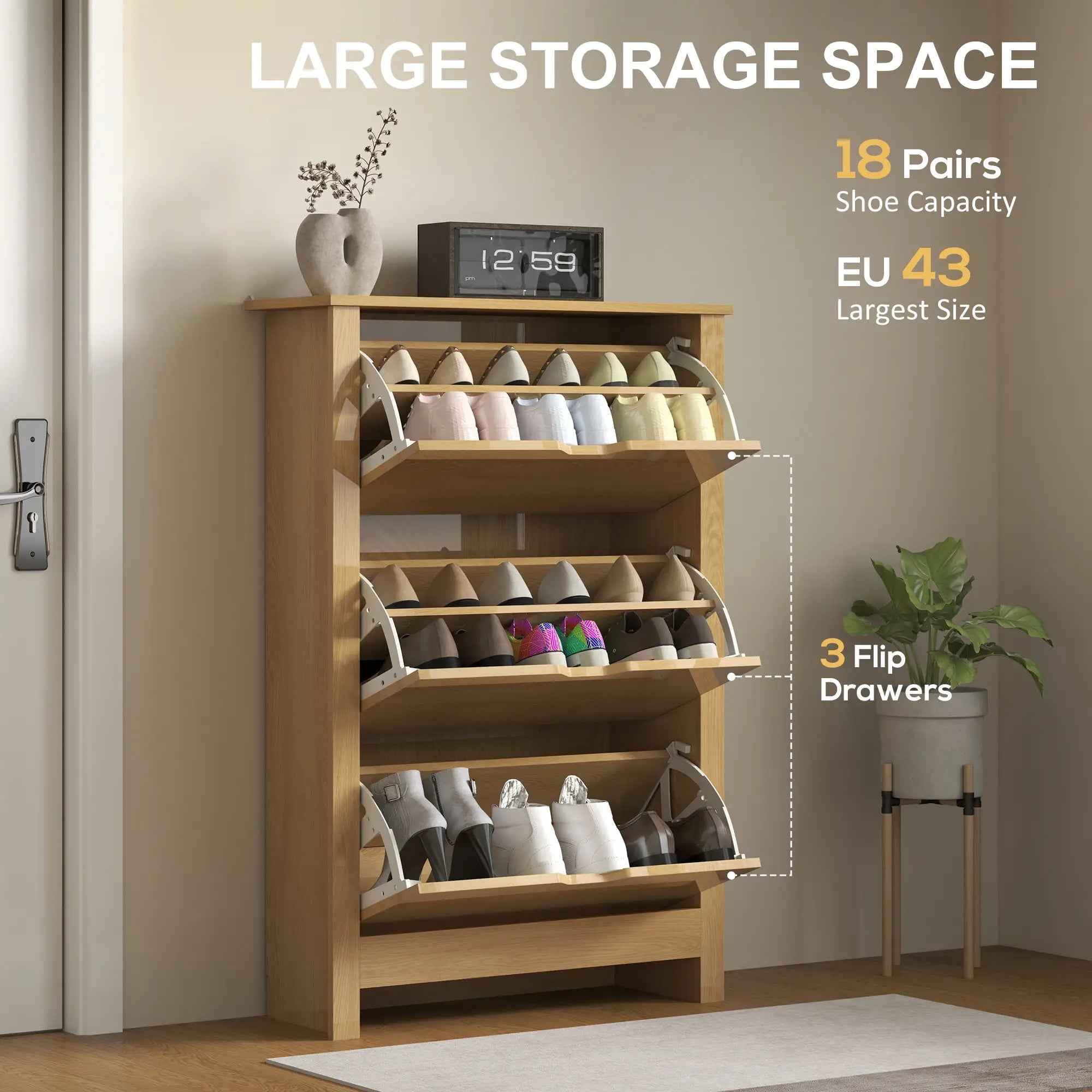 Shoe Storage Cabinet, 3 Flip Drawers, Adjustable Shelves, 18 Pairs, Natural Wood Shoe Storage Cabinets & Racks at Gallery Canada