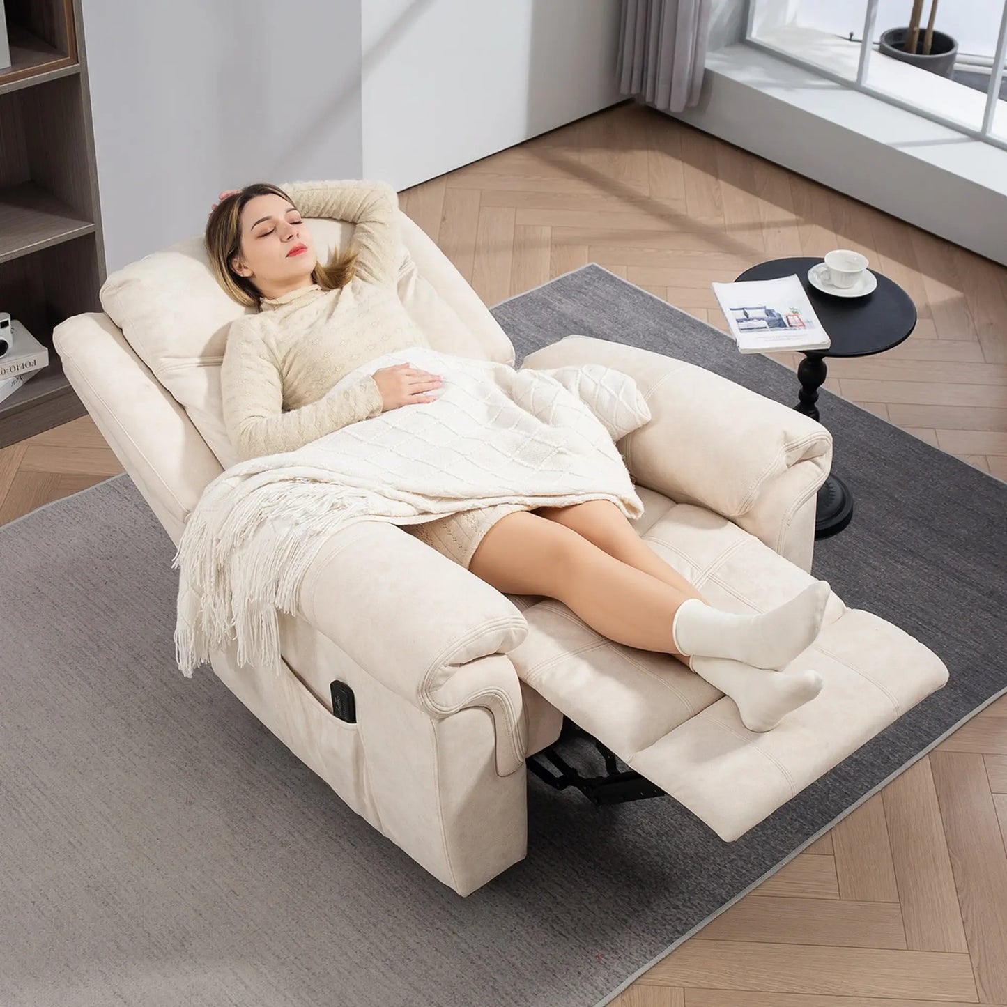 Manual Recliner Chair, Vibration Massage, Side Pockets, Microfibre, Cream White Sofas & Reclining Chairs at Gallery Canada