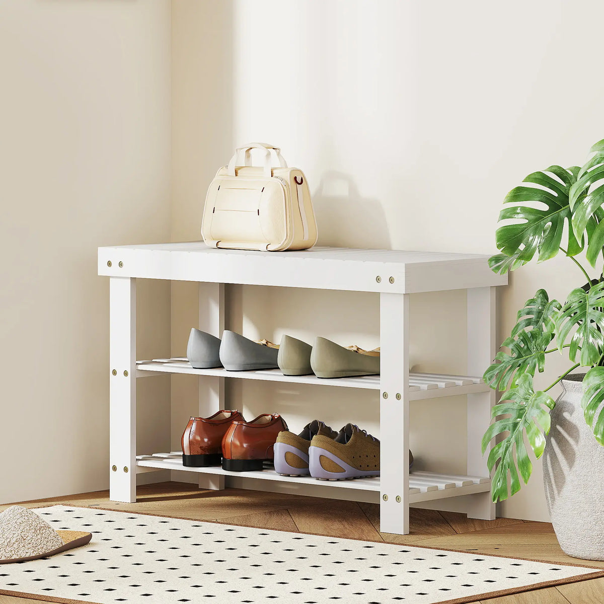 Bamboo Shoe Storage Bench, 3-Tier, 2 Shelves, Holds 6 Pairs, White
