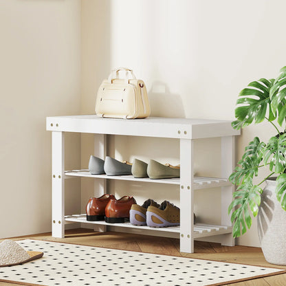 Bamboo Shoe Storage Bench, 3-Tier, 2 Shelves, Holds 6 Pairs, White