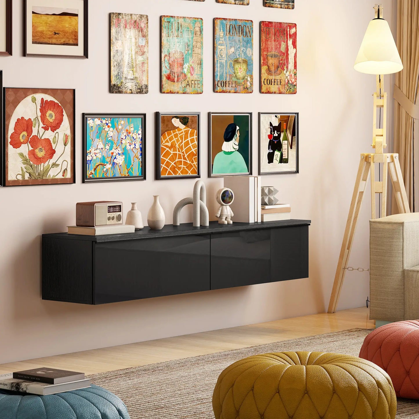 Wall Mounted TV Stand, Floating Cabinet, 70", High Gloss, Black TV Stands at Gallery Canada