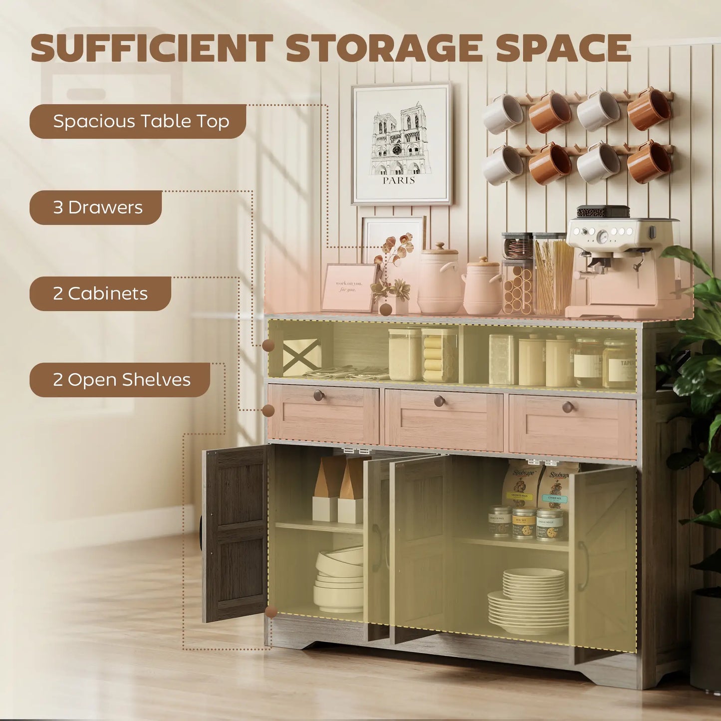 Grey Sideboard, Buffet Cabinet With 4 Barn Doors, 3 Drawers, Grey Bar Cabinets at Gallery Canada