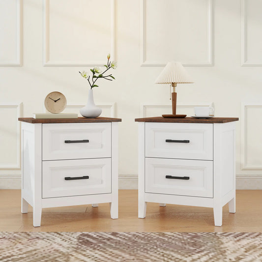 Farmhouse Nightstand Set of 2, 2 Drawers, White Bedside Tables White, Brown at Gallery Canada