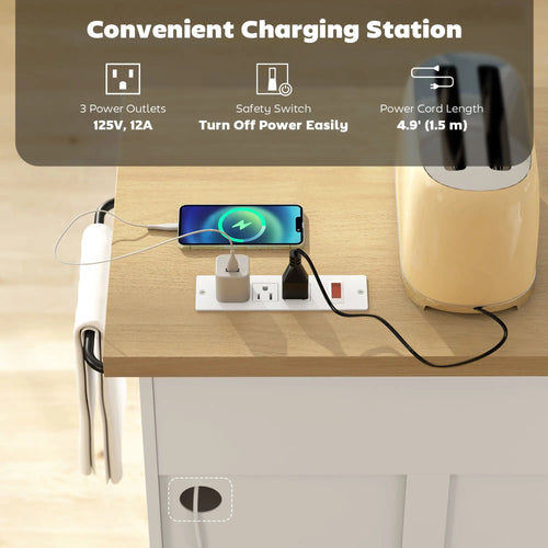 Farmhouse Kitchen Island Cart with Power Outlet, 49 Inch, White