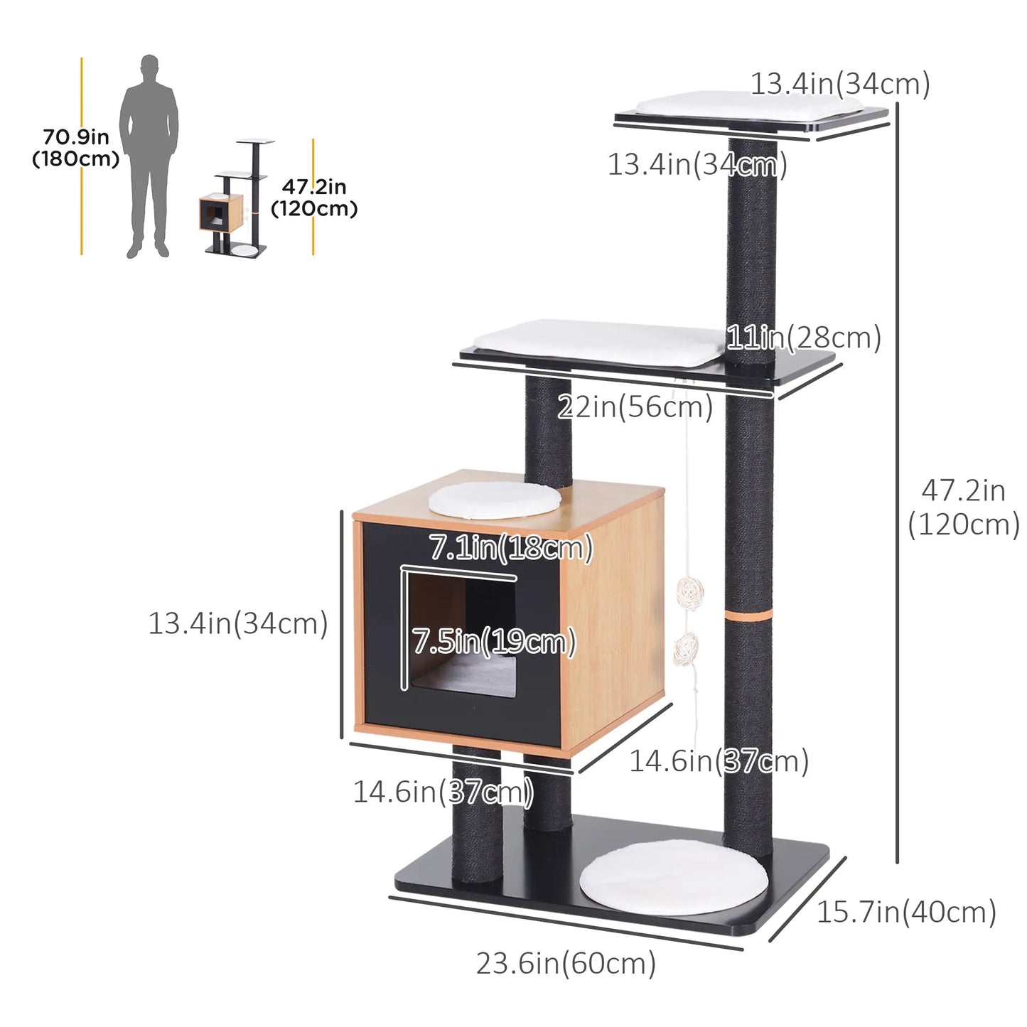 47.2" Cat Tree, Kitten Scratcher, Activity Center, Black Cat Posts at Gallery Canada