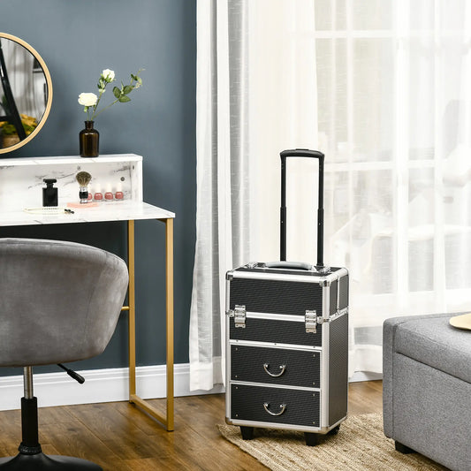 Aluminum Rolling Makeup Train Case, Lockable Travel Cart, Black