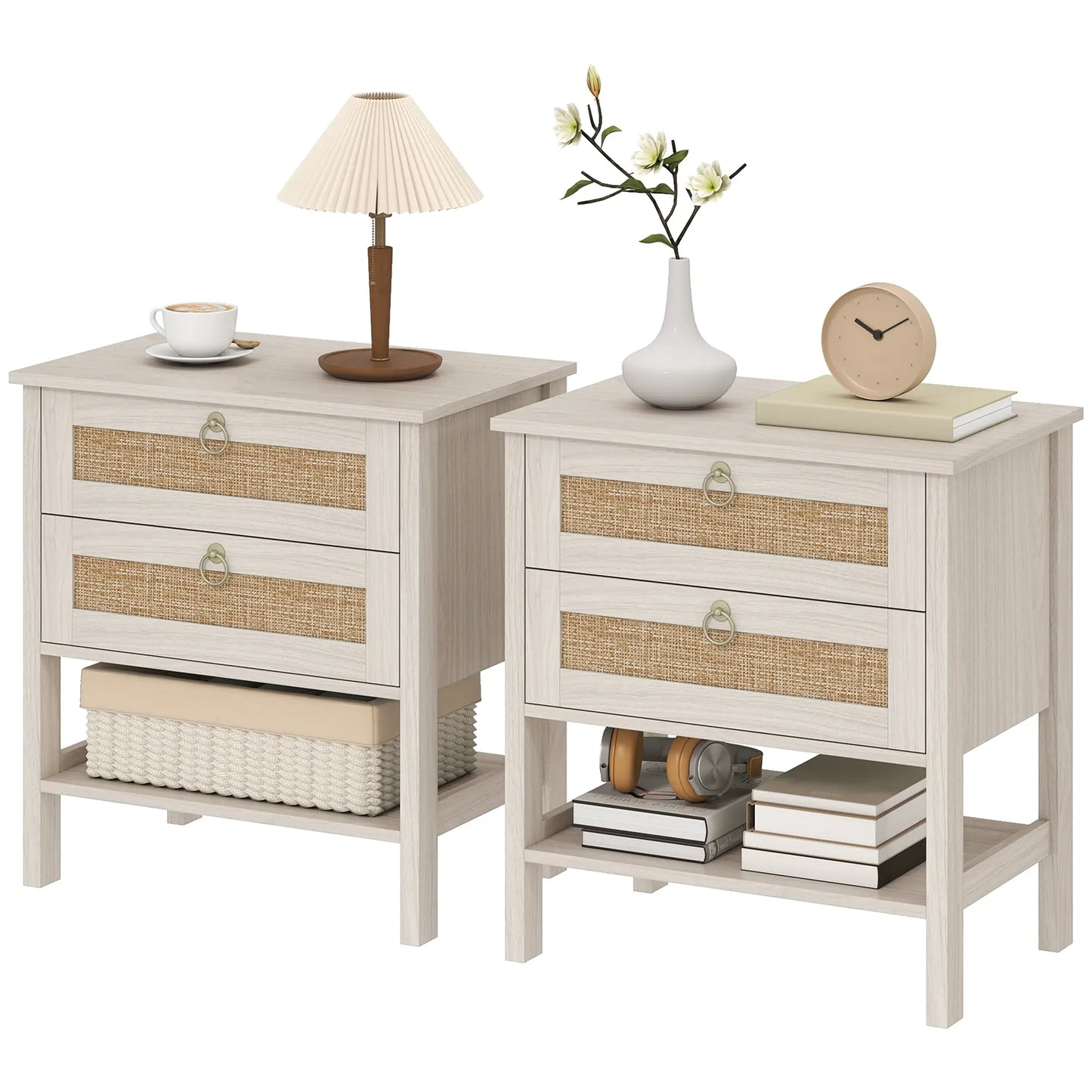 Set Of 2 Rattan Nightstands, 2 Drawers, Storage Shelf, White Oak Bedside Tables White Oak, Natural at Gallery Canada