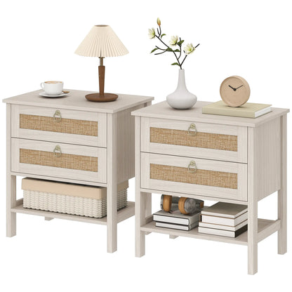Set Of 2 Rattan Nightstands, 2 Drawers, Storage Shelf, White Oak Bedside Tables White Oak, Natural at Gallery Canada