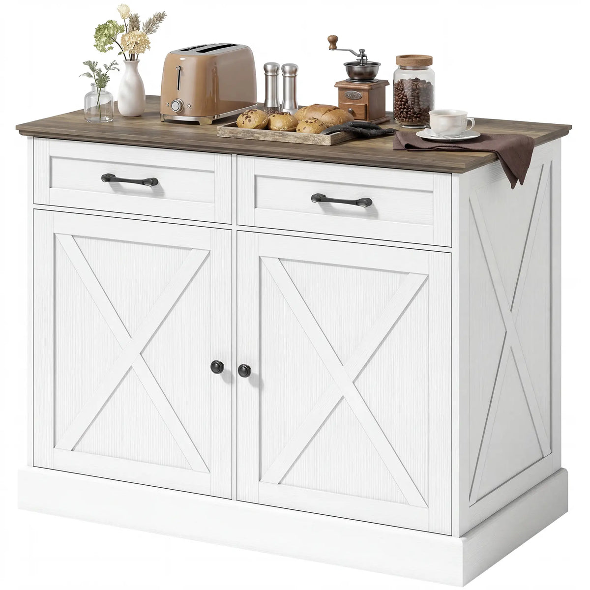 Kitchen Island with Sitting Space, Sideboard Cabinet with 2 Drawers and 2 Adjustable Shelves for Dining Room, White