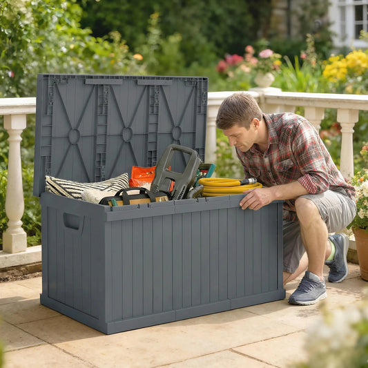 70 Gallon Deck Box, Resin Outdoor Storage Container, Dark Grey Patio Storage Boxes Dark Grey at Gallery Canada