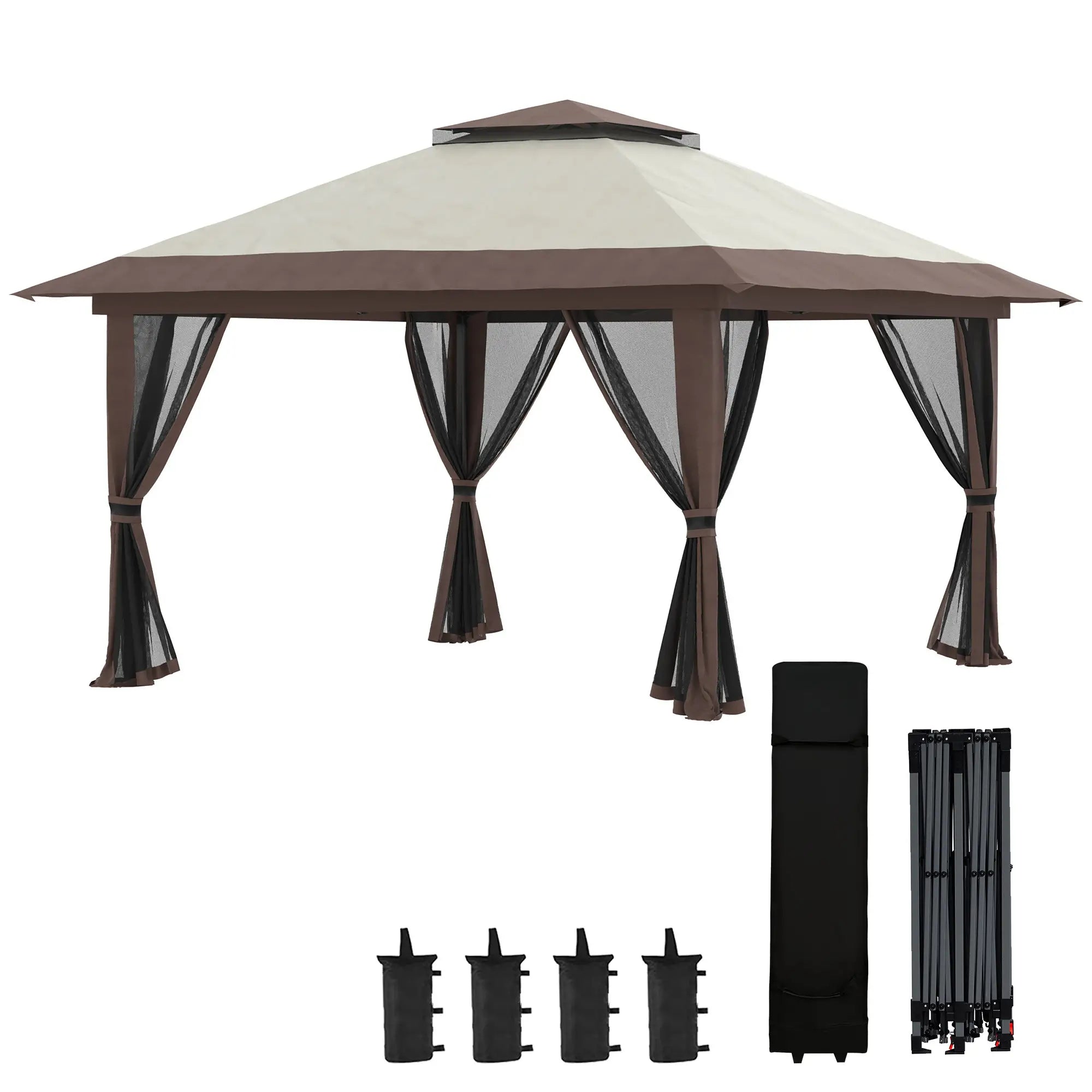 13' x 13' Pop Up Canopy, 2-Tier Roof Tent with Net, Beige Pop Up Canopies at Gallery Canada