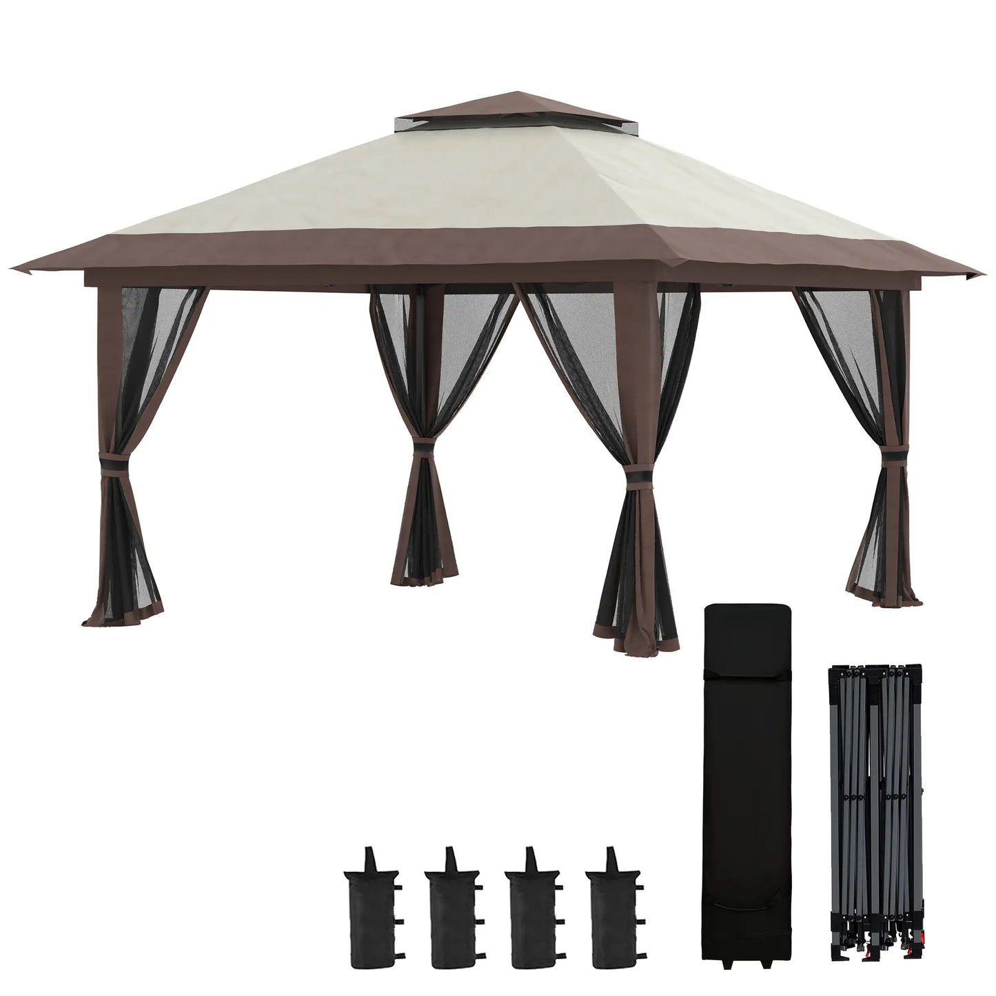 13' x 13' Pop Up Canopy, 2-Tier Roof Tent with Net, Beige Pop Up Canopies at Gallery Canada