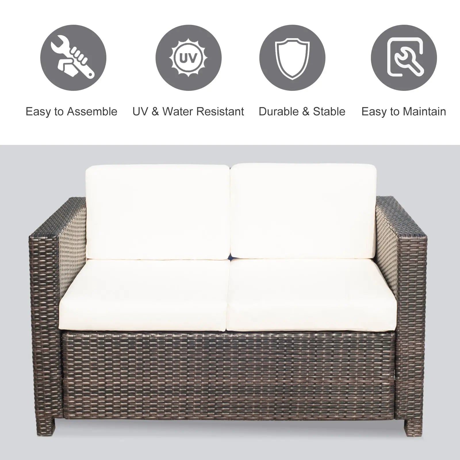 2 Seat Rattan Loveseat Couch Patio Furniture With Cushion, Cream White Patio Furniture Sets at Gallery Canada
