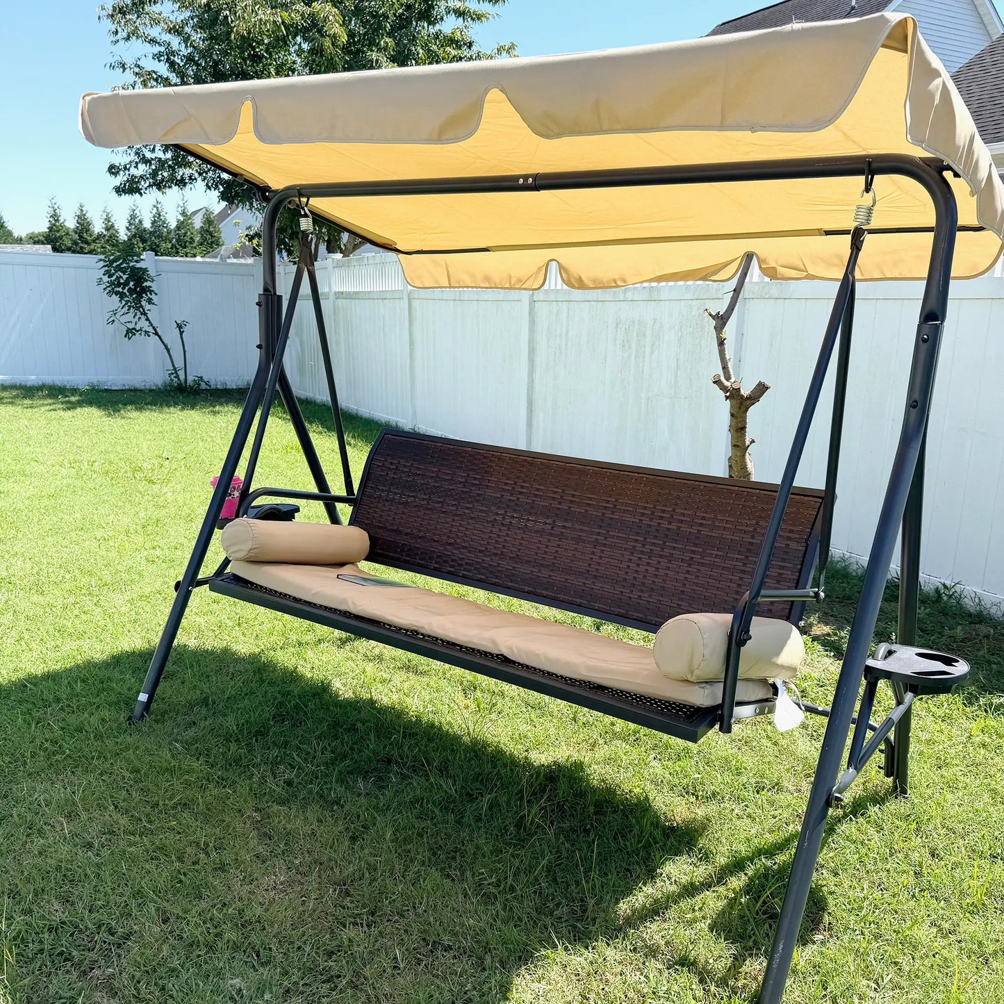 3-Seat Porch Swing with Canopy, Rattan Seat, Removable Cushion Patio Swings with Stand at Gallery Canada