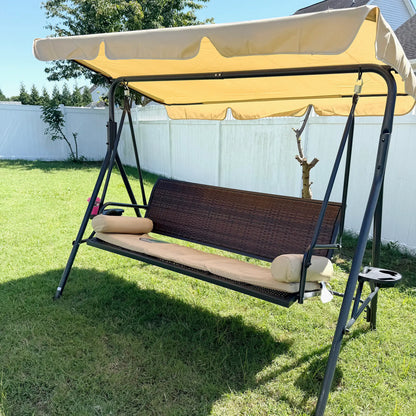 3-Seat Porch Swing with Canopy, Rattan Seat, Removable Cushion Patio Swings with Stand at Gallery Canada